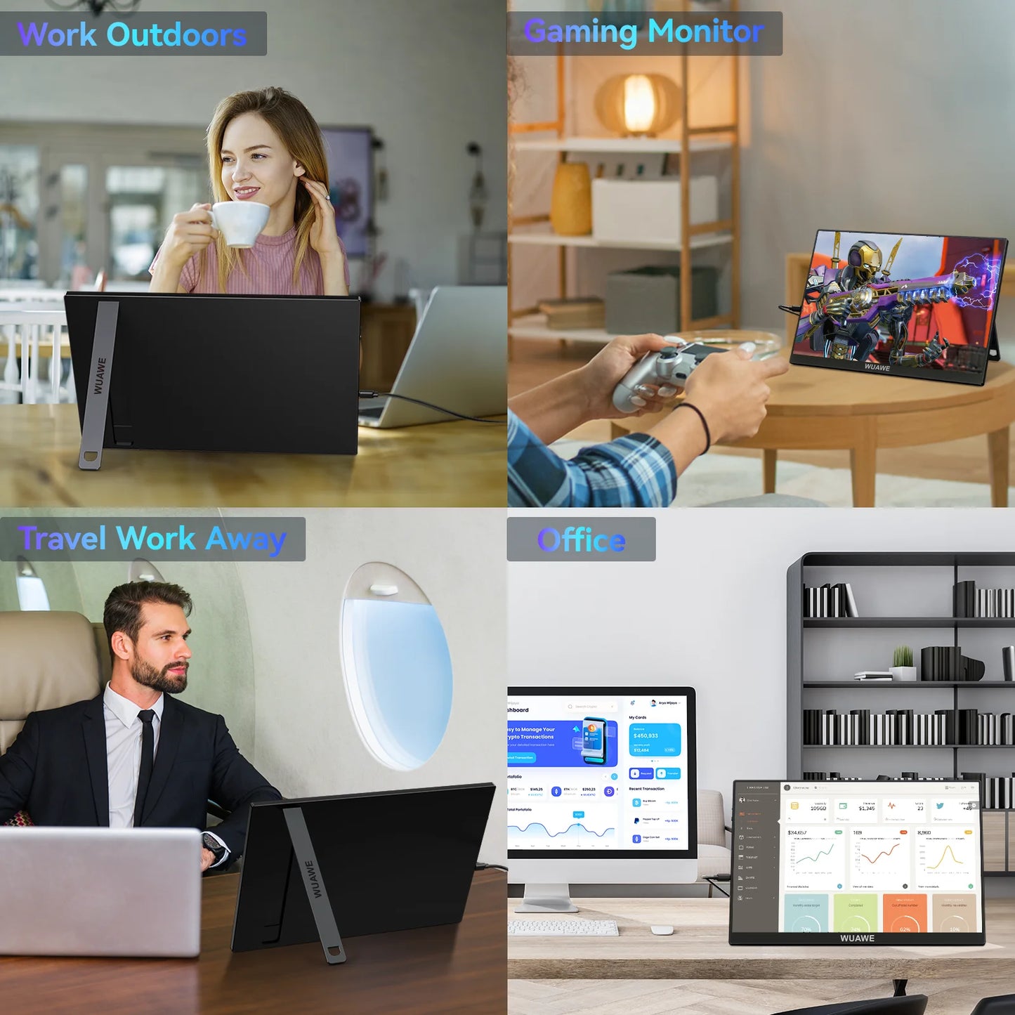 16" 1200P 120Hz Portable Monitor, 100% sRGB Portable Gaming Monitor with Built-in Stand, HDR and Freensync, External USB C
