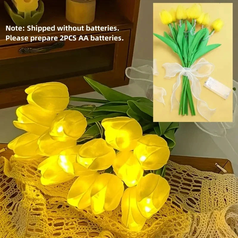 10PCS Tulips with LED Light Artificial Tulip Flowers Table Lamp Simulation Tulips Bouquet Night Light Gifts for Home Decoration