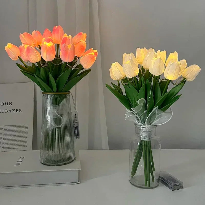 10PCS Tulips with LED Light Artificial Tulip Flowers Table Lamp Simulation Tulips Bouquet Night Light Gifts for Home Decoration