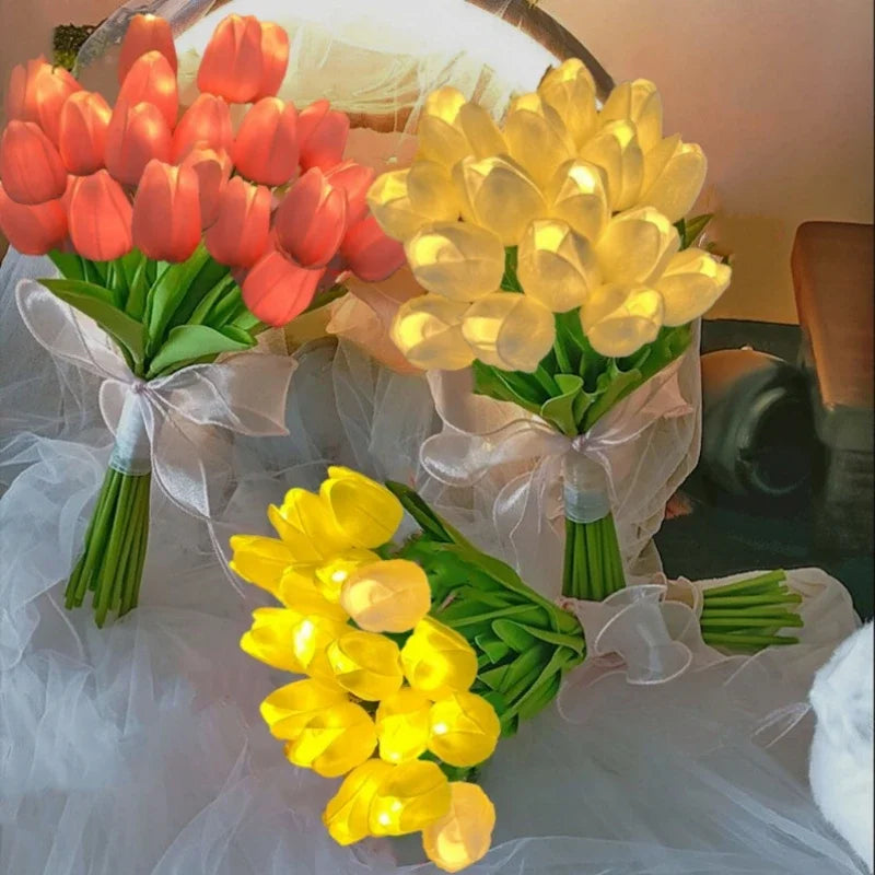 10PCS Tulips with LED Light Artificial Tulip Flowers Table Lamp Simulation Tulips Bouquet Night Light Gifts for Home Decoration
