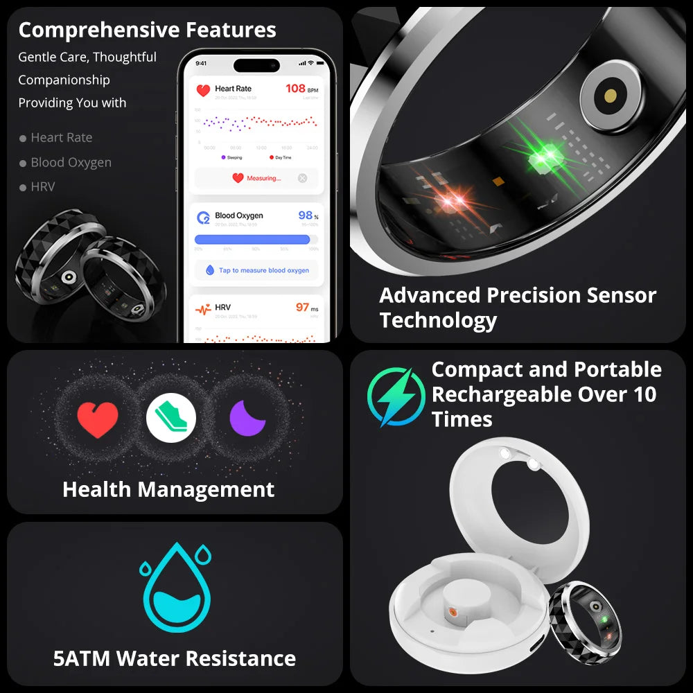 2024 COLMI R11 Smart Ring, Fidget Spinner Anxiety Relieve Ring with Charging Case for Men, Health Sleep Monitor, 5ATM Waterproof