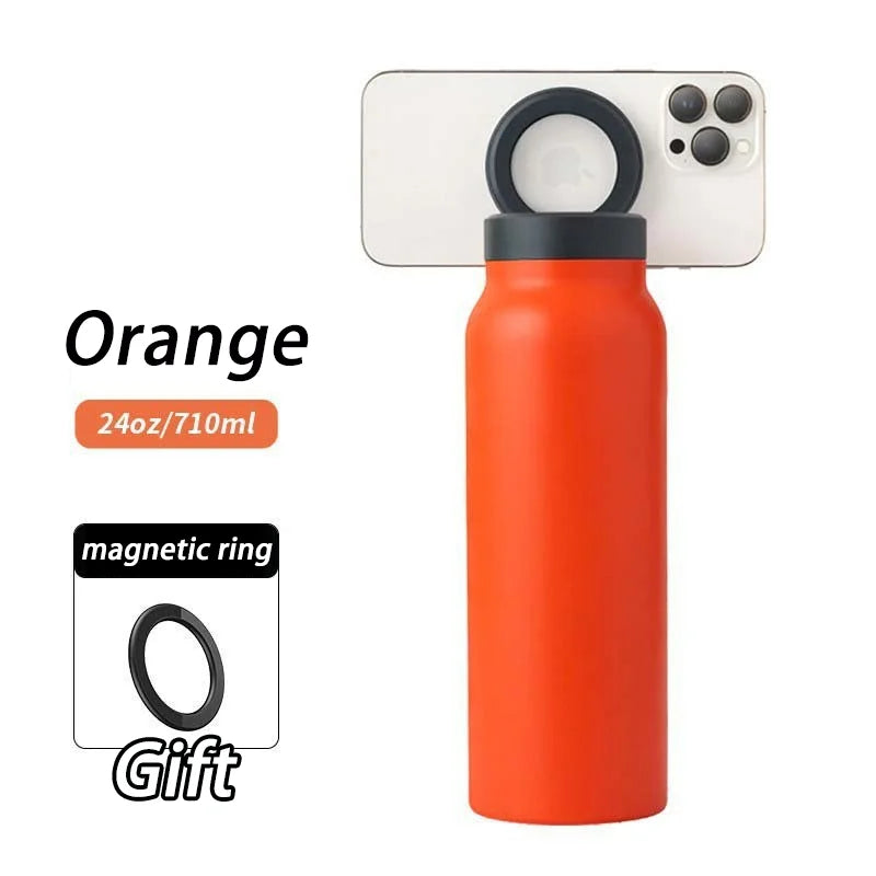 Magnetic Vacuum Flasks Stainless Steel Sports Water Bottle Mobile Phone Holder Creative Portable Outdoor Thermal Insulation Cup