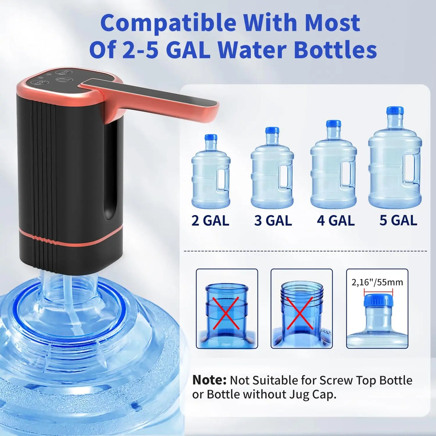 Water Dispenser Bottle Pump, Electric Water Pump for Universal 2-5 Gallon Bottle, Portable USB Charging Drinking Water Dispenser