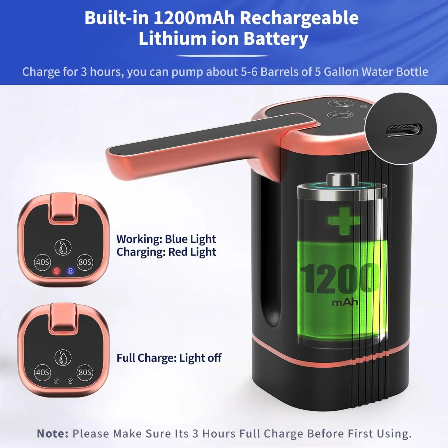 Water Dispenser Bottle Pump, Electric Water Pump for Universal 2-5 Gallon Bottle, Portable USB Charging Drinking Water Dispenser