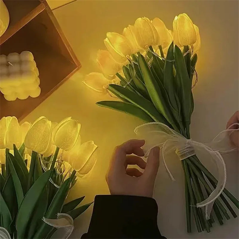 10PCS Tulips with LED Light Artificial Tulip Flowers Table Lamp Simulation Tulips Bouquet Night Light Gifts for Home Decoration