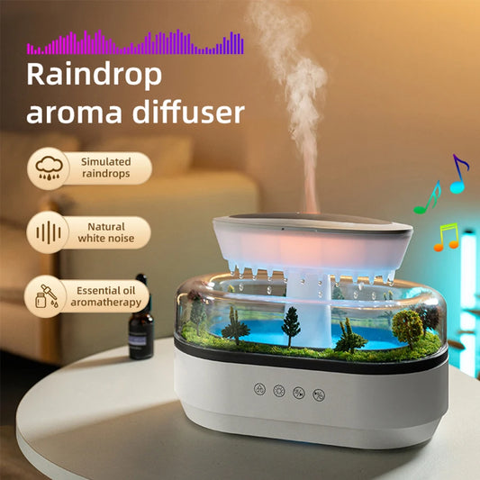 2024 New Simulated Raindrop Aromatherapy Diffuser Forest Green Landscape Essential Oil Humidifier With Natural White Noise Music