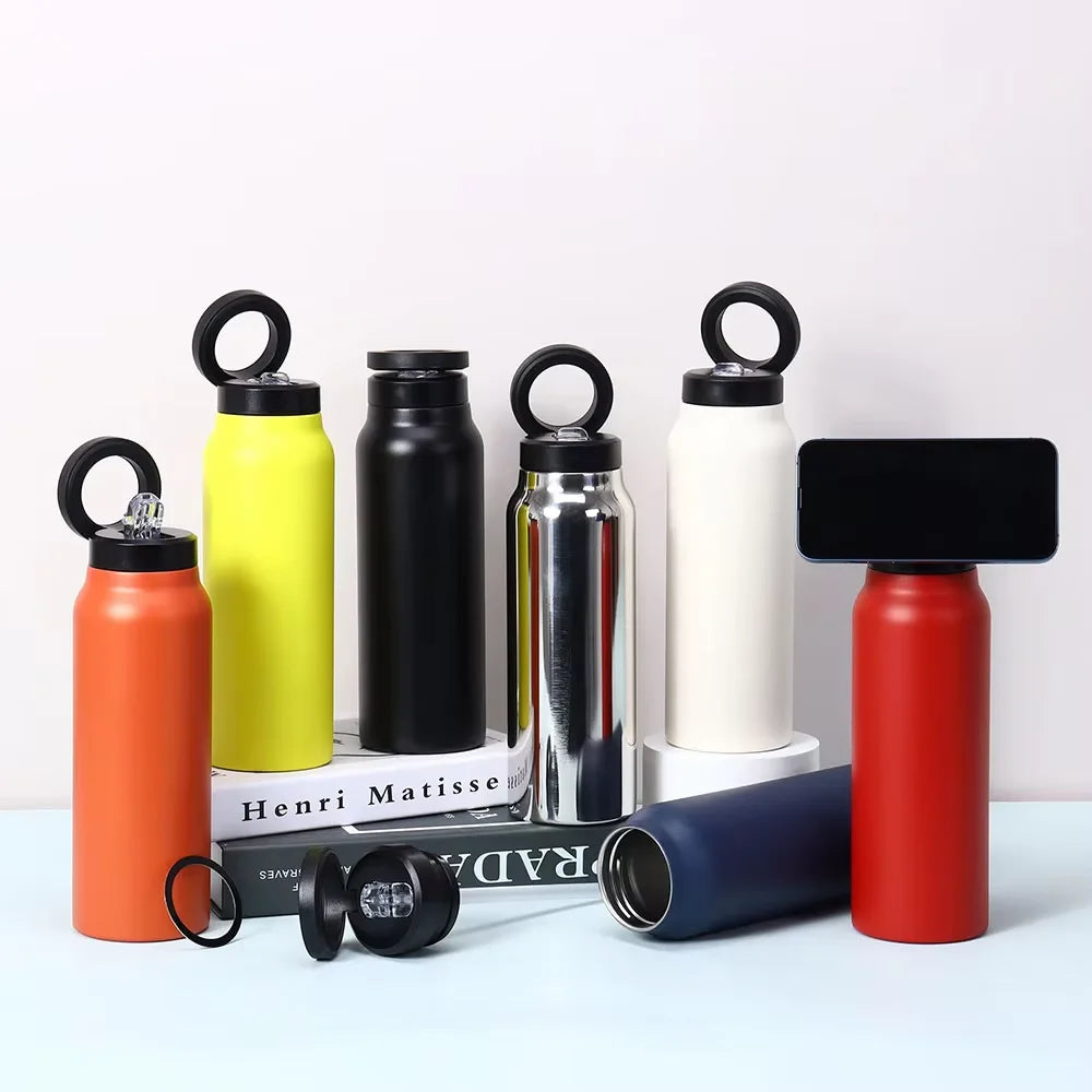 Magnetic Vacuum Flasks Stainless Steel Sports Water Bottle Mobile Phone Holder Creative Portable Outdoor Thermal Insulation Cup