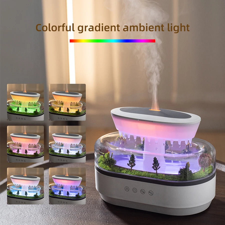 2024 New Simulated Raindrop Aromatherapy Diffuser Forest Green Landscape Essential Oil Humidifier With Natural White Noise Music