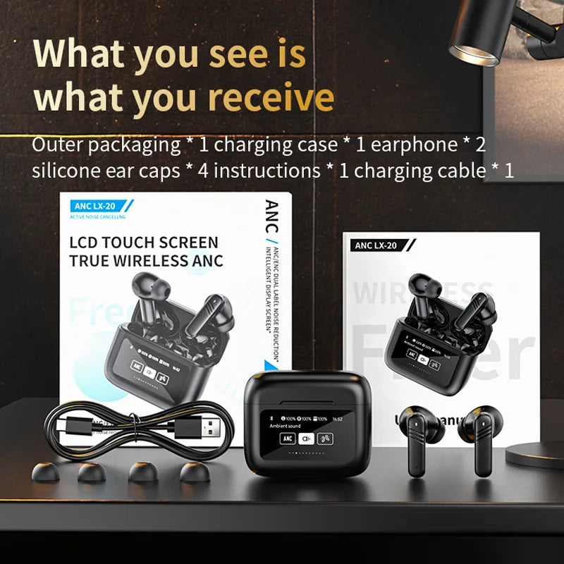 Earphone Bluetooth True Wireless Earbuds BT5.4 HIFI Stereo Headphone with ANC Noise Reduction LED Touch Screen Control for Gamer