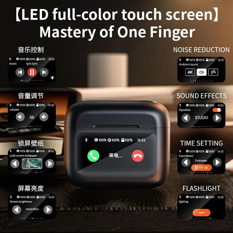 Earphone Bluetooth True Wireless Earbuds BT5.4 HIFI Stereo Headphone with ANC Noise Reduction LED Touch Screen Control for Gamer